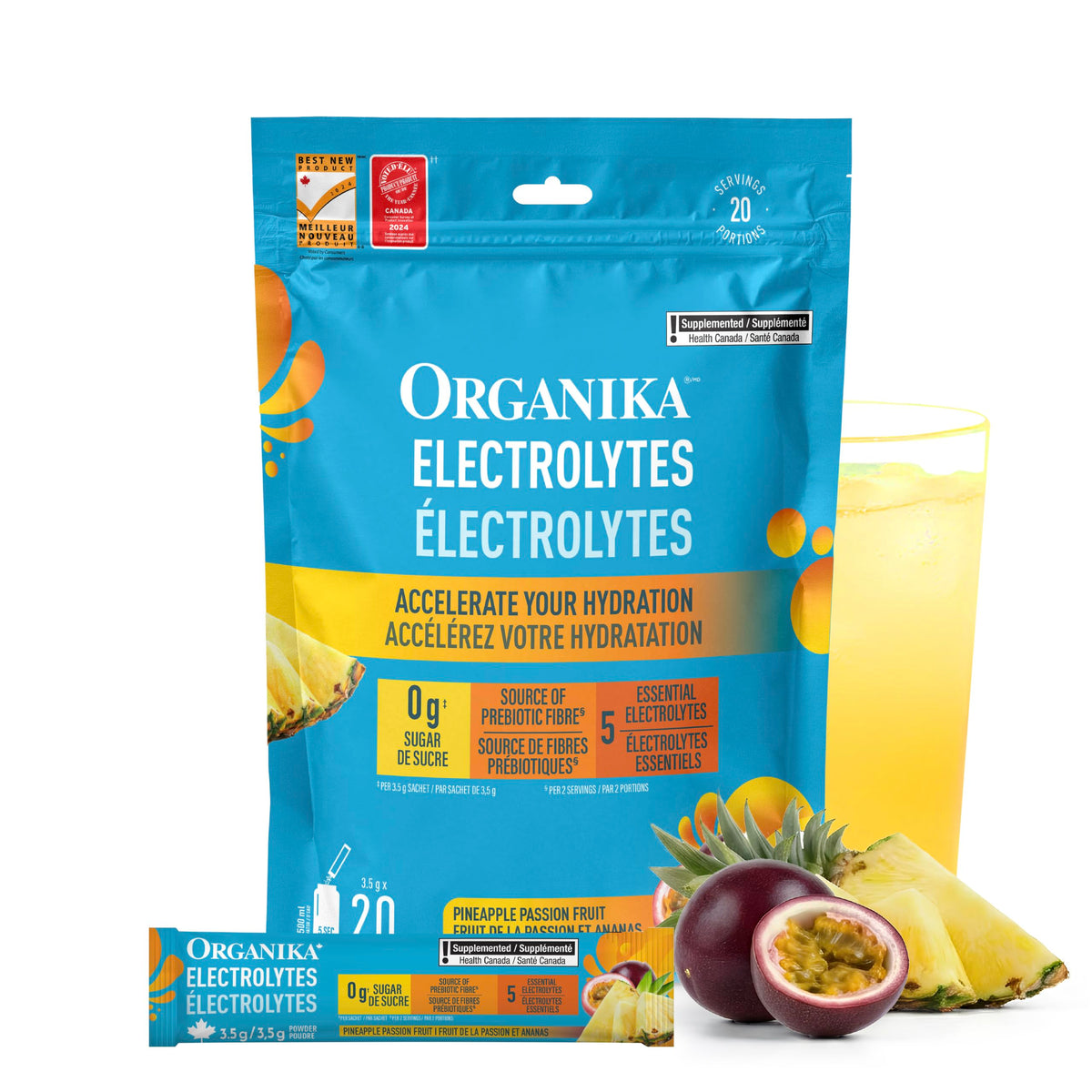 Organika Canadian-Made Electrolytes Powder with Vitamin C & Prebiotic Fibre - Sugar-Free Hydration Drink Mix - Pineapple Passionfruit - 20 Single-Serve Sachets x 3.5g 🍁 All In One Marketplace Canada