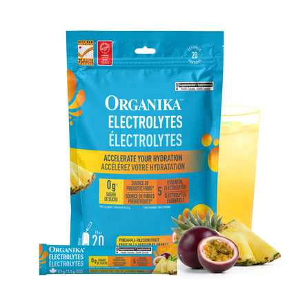 Organika Canadian-Made Electrolytes Powder with Vitamin C & Prebiotic Fibre - Sugar-Free Hydration Drink Mix - Pineapple Passionfruit - 20 Single-Serve Sachets x 3.5g 🍁 All In One Marketplace Canada