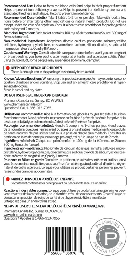 Pharmaris Ferofit - Ferrous Fumarate 300mg (100mg Elemental Iron), Prevents Anemia Due to Deficiency, Iron Supplements for Women & Men, 100 Tablets 🍁 All In One Marketplace Canada
