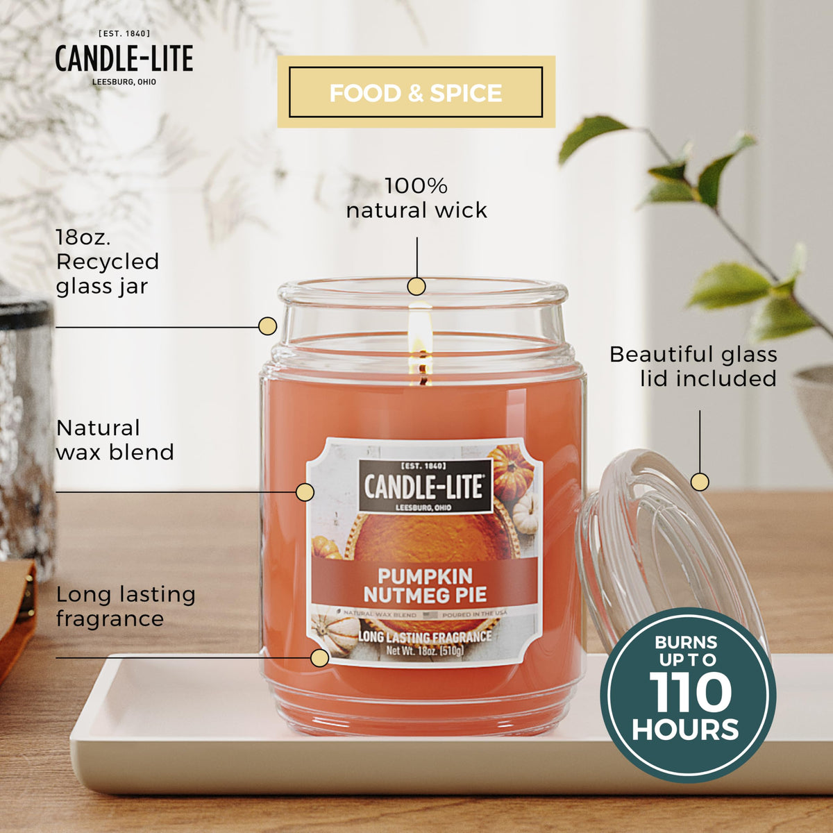 Candle-lite Halloween Scented Candles, Pumpkin Nutmeg Pie, 18 oz Jar, Proudly Poured in The USA, Aromatherapy Candle, Single-Wick with 110 Hours of Burn Time, Perfect for Creating an Inviting Ambiance