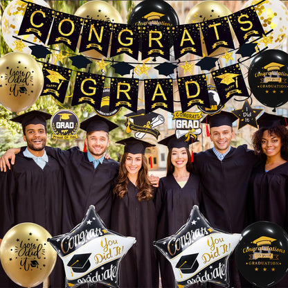 Graduation Decorations Class of 2026, 12Pcs Black and Gold balloons with Swirl and Graduation Garland Congrats Grad 2026 Banner for College High School Party Supplies 🍁 All In One Marketplace Canada