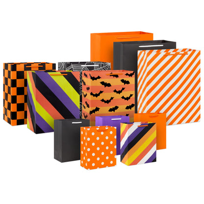 Hallmark Halloween Assorted Gift Bags Bulk - Black, Orange and Purple (12 Bags: 5 Medium 9", 4 Large 13", 3 Extra Large 15") Stripes, Polka Dots, Solids for Kids, Teachers, Birthdays