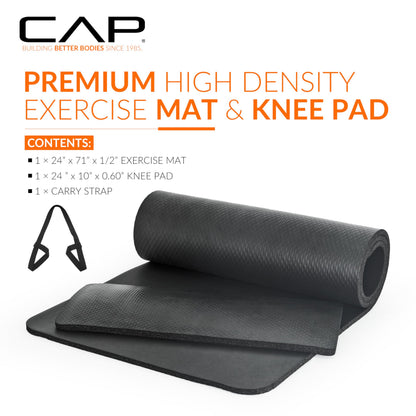 CAP Barbell Yoga Mat 1/2" Thick with Carrying Strap & Knee Pad - High Density Exercise Mat for Yoga, Pilates, Stretching, Floor & Fitness Workouts - 71''x24''x1/2" | Black 🍁 All In One Marketplace Canada