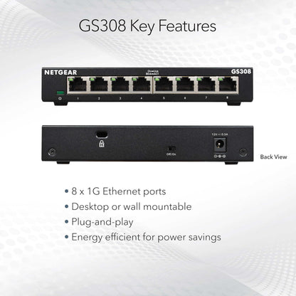 NETGEAR 8-Port Gigabit Ethernet Unmanaged Switch (GS308) Home Network Hub, Office Ethernet Splitter, Plug-and-Play, Desktop or Wall Mount, Black 🍁 All In One Marketplace Canada