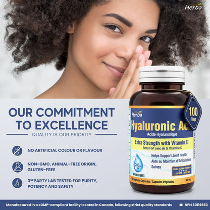Herba Hyaluronic Acid Supplement 200mg - 100 Capsules | 100% Purity Hyaluronic Acid Capsules with Vitamin C to Support Joint and Bone Health | Made in Canada 🍁 All In One Marketplace Canada