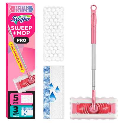 Swiffer Sweep and Mop Pro, 2-in-1 Floor Mopping , Multi-Surface Kit for Floor Cleaning, 5 Heavy Duty Dry Sweeping Cloths, 3 Heavy Duty Wet Mopping Cloths, Includes 1 Sweeper Device 🍁 All In One Marketplace Canada