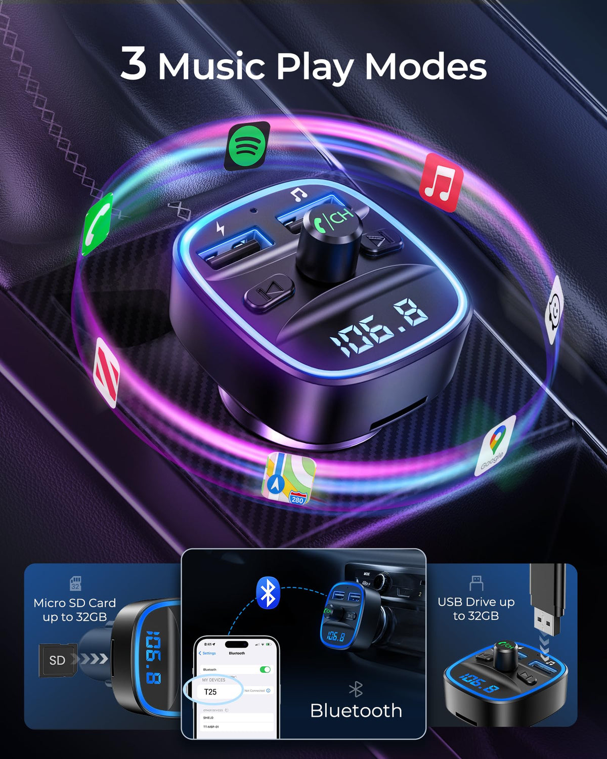 LENCENT FM Transmitter, Bluetooth FM Transmitter Wireless Radio Adapter Car Kit with Dual USB Charging Car Charger MP3 Player Support TF Card & USB Disk 🍁 All In One Marketplace Canada