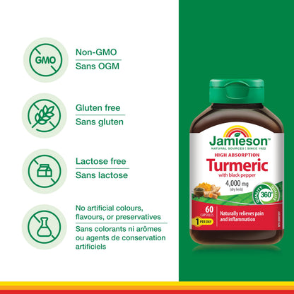 Jamieson Turmeric 4,000 mg, with Black Pepper, 60 Vegetarian Capsules, Natural Joint Pain Relief, Supports Inflammation, Helps with Digestion. High Absorption, Non-GMO, Proudly Canadian 🍁 All In One Marketplace Canada