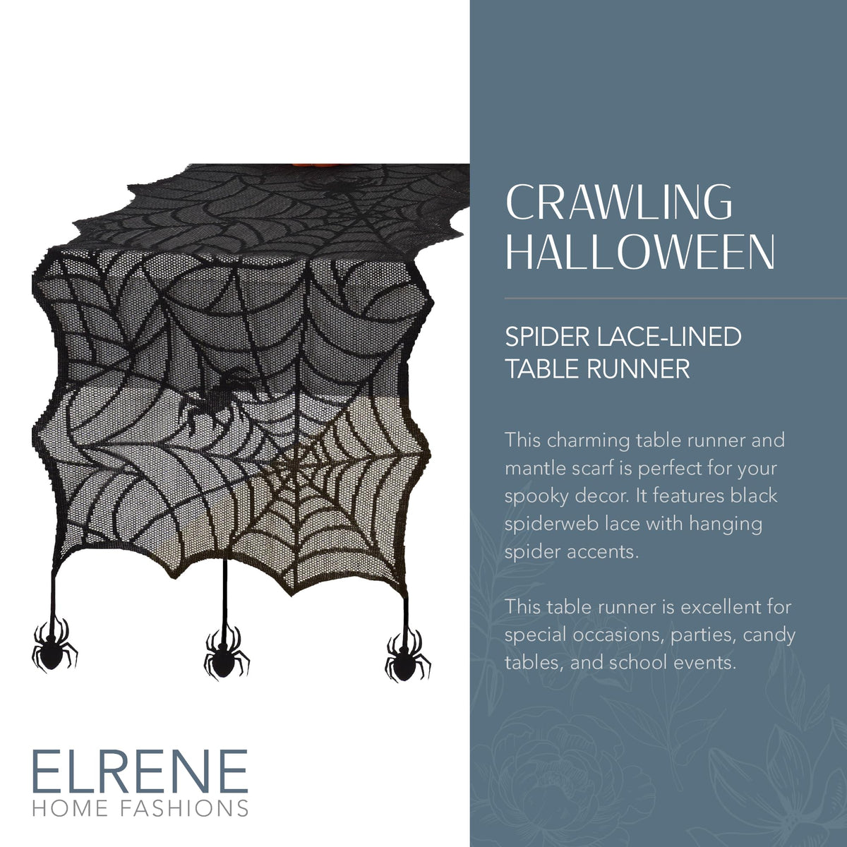 Elrene Home Fashions Crawling Halloween Spider Lace Table Runner, 13" x 70", Black