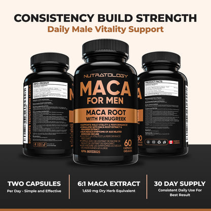 Nutratology® Maca for Men | Canadian Made | Helps Increase Stamina & Energy | Formulated with a 6:1 Extract & 33:1 Fenugreek Extract | Maca Root With Fenugreek Supplement for Men | 60 Capsules 🍁 All In One Marketplace Canada