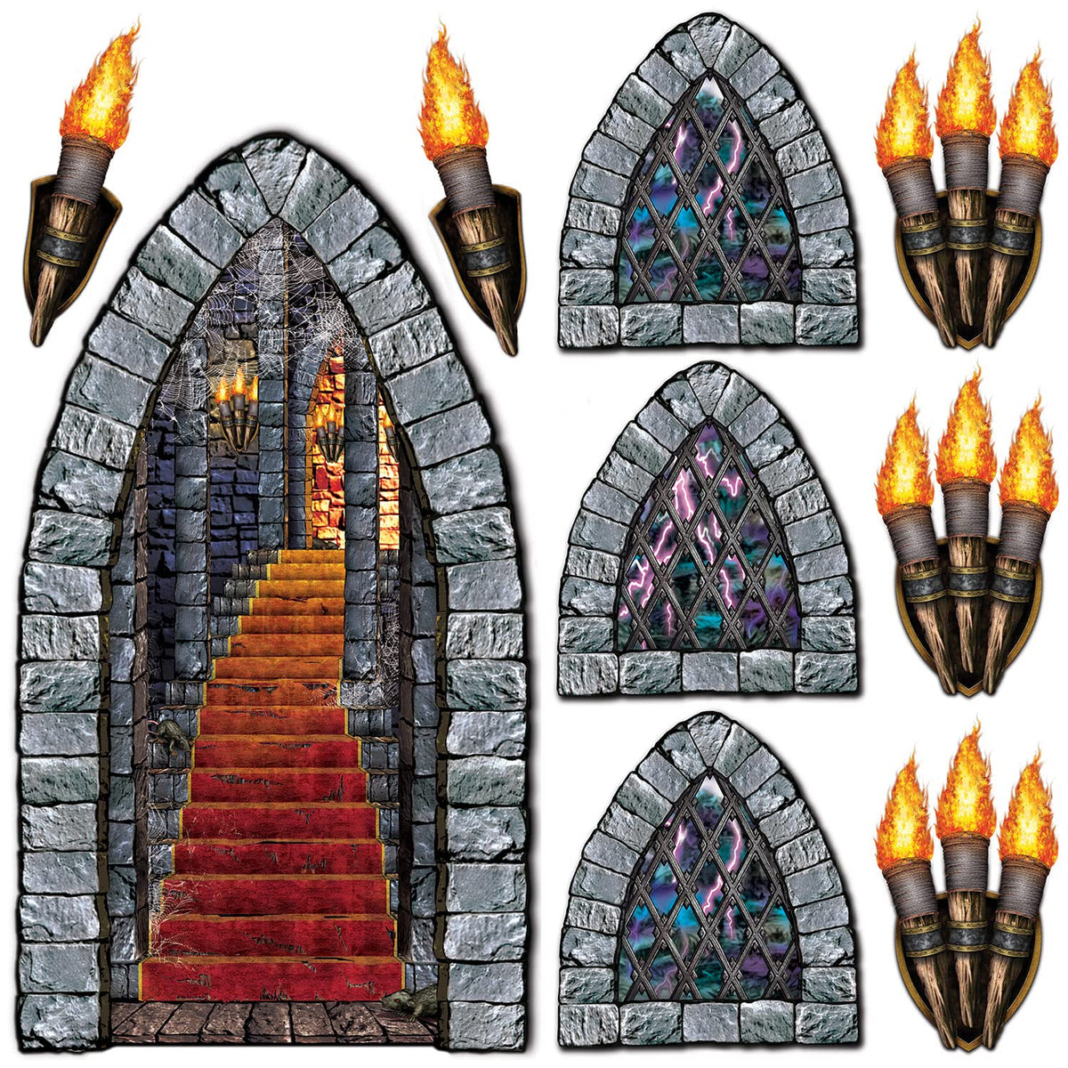 Beistle Medieval Stairway, Window & Torch Props, 9 Images, Haunted Castle Wall Decorations, Spooky Gothic Scene for Halloween Parties & Dungeon Themes, Printed Plastic Cutouts, 18” to 60”