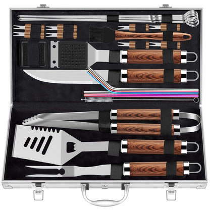 ROMANTICIST 25pcs Extra Thick BBQ Grill Accessories, Father's Day Grilling Gifts Set for Men Dad, Heavy Duty Grill Tools Utensils Kit with Spatula, Tongs in Aluminum Case for Birthday Brown 🍁 All In One Marketplace Canada
