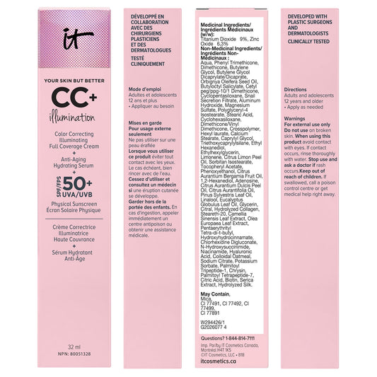 IT Cosmetics Your Skin But Better CC+ Cream Illumination, Natural Medium (W) - Color Correcting Cream, Full-Coverage Foundation, Anti-Aging Serum & SPF 50+ Sunscreen - Radiant Finish - 1.08 fl oz 🍁 All In One Marketplace Canada