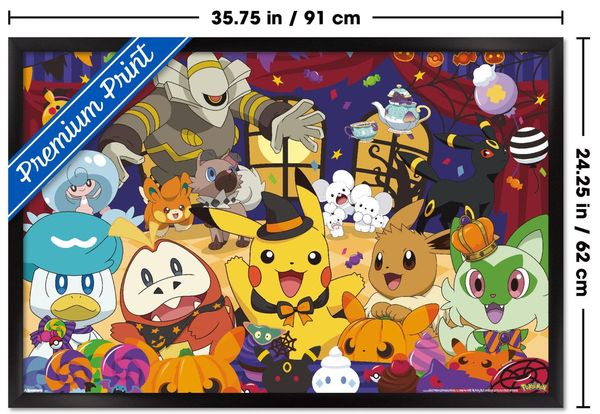 Pokémon: Halloween Party- Group Wall Poster, 34L" x 22.4W", Black Framed Version
