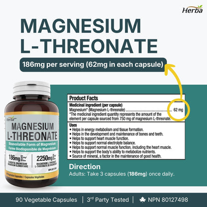 Herba Magnesium L-Threonate – 2,250mg of Magnesium L Threonate Per Serving (3 Capsules) - 186mg of Elemental Magnesium | Bioavailable Form of Magnesium Supplement | 90 Vegetable Capsules | Made in Canada 🍁 All In One Marketplace Canada