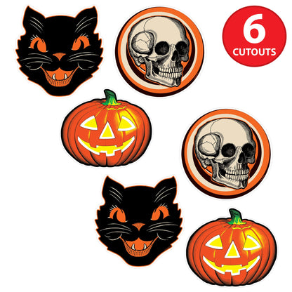 Beistle Set of 6 Plastic Vintage Halloween Cutouts, 10”-12”, Jack-O-Lantern, Cat, and Skull Designs