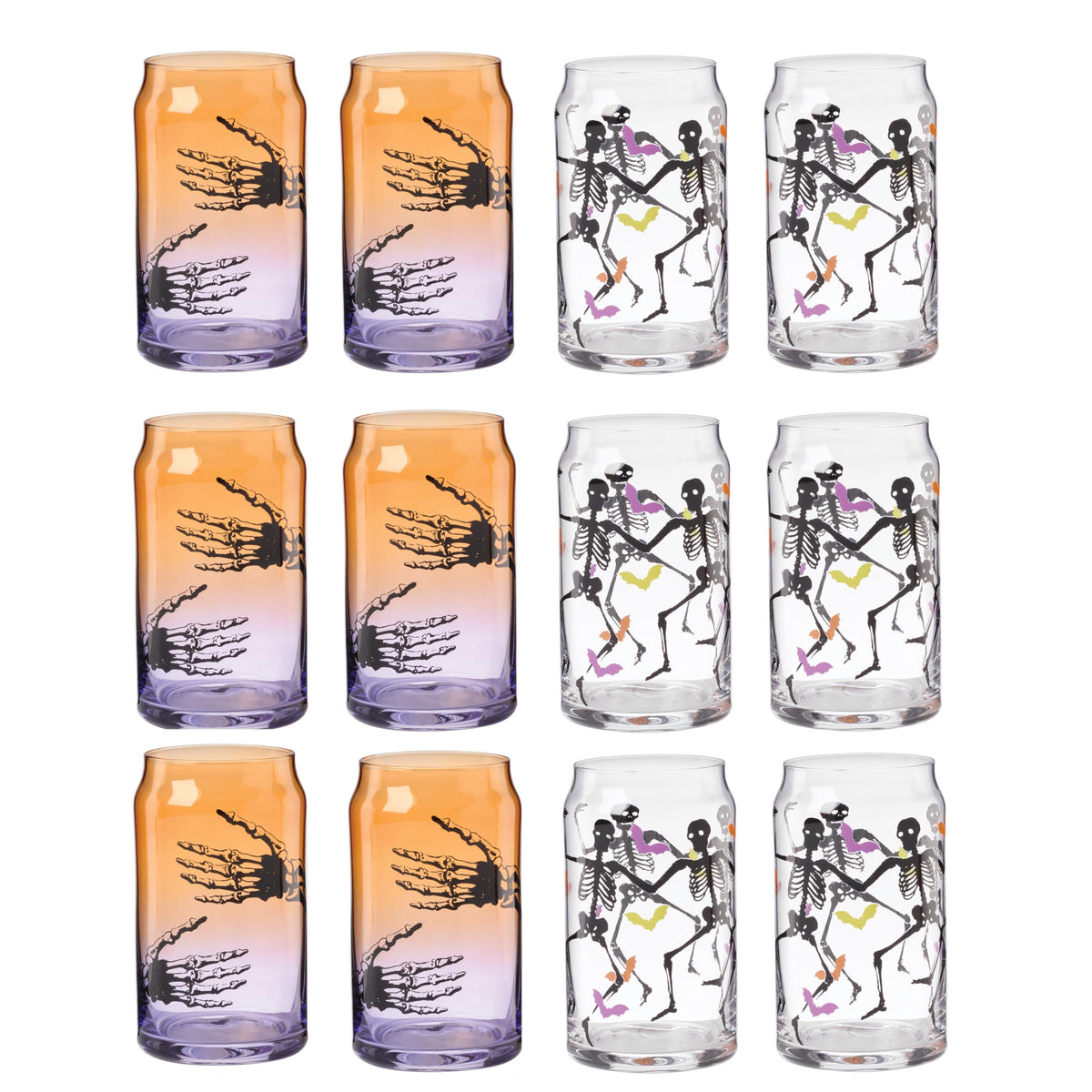 Cambridge Drinking Glasses, Halloween Harvest Can Cooler Glasses, Set of 12, Dishwasher Safe, Glass Cups, Spooky Iced Coffee Cups, Halloween Decor Spooky Scary Skeletons (Assorted, 12 Piece, 16 FL Oz)