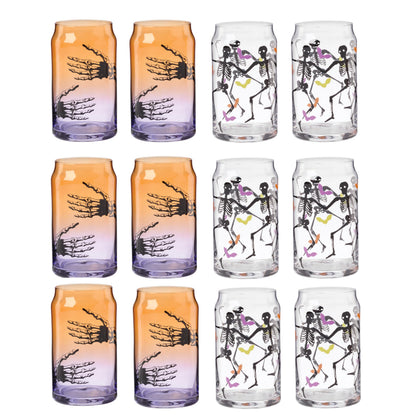 Cambridge Drinking Glasses, Halloween Harvest Can Cooler Glasses, Set of 12, Dishwasher Safe, Glass Cups, Spooky Iced Coffee Cups, Halloween Decor Spooky Scary Skeletons (Assorted, 12 Piece, 16 FL Oz)