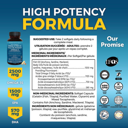Omega 3 Fish Oil Supplements – 2500 mg High Potency Fish Oil with 1500 mg EPA & 570 mg DHA Omega 3 Fatty Acids in rTG Form for Better Absorption, No Fishy Aftertaste, IFOS Certified, 180 Softgels 🍁 All In One Marketplace Canada