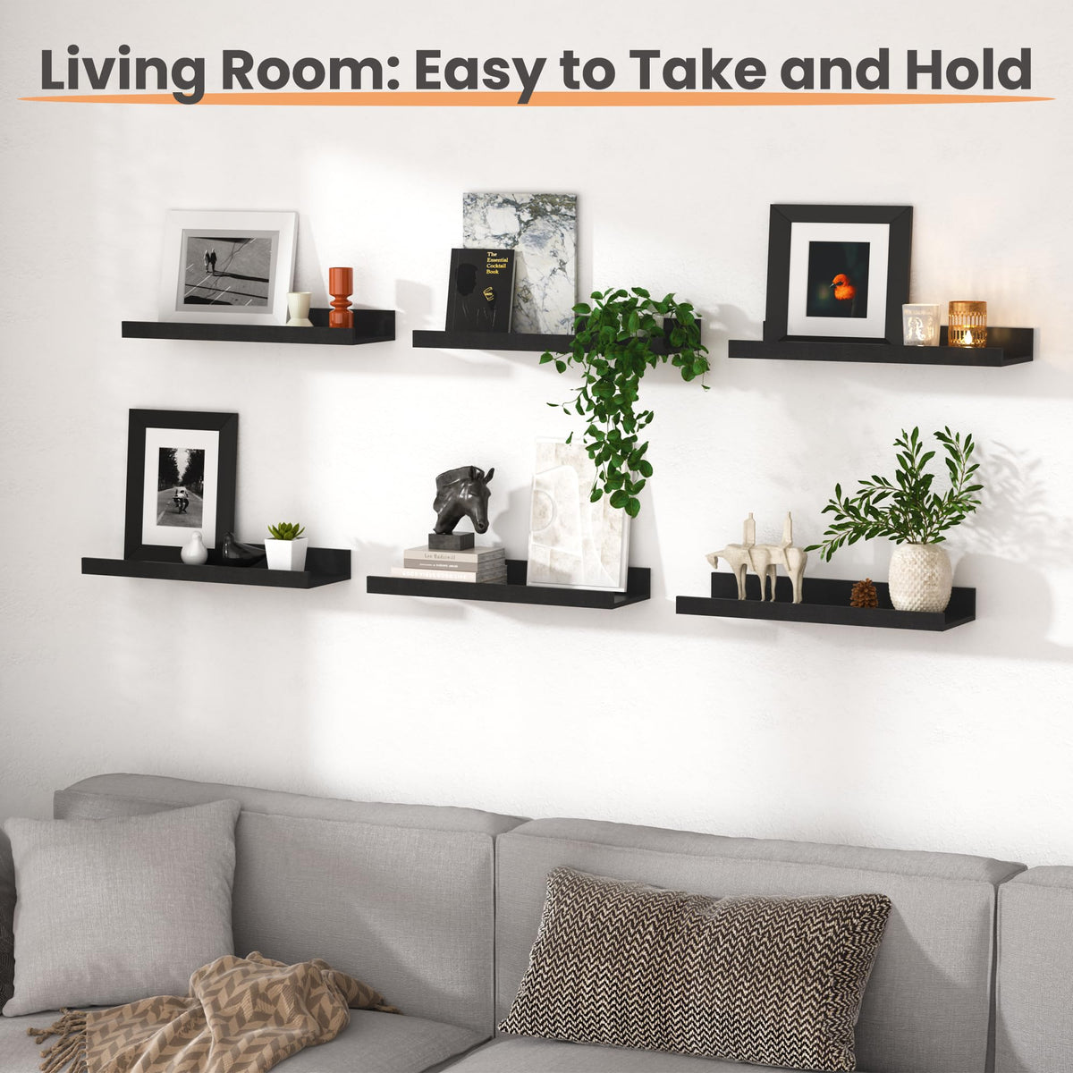 upsimples Floating Shelves for Wall, Decor Storage Set of 6, Wall Mounted Wood Shelves for Bedroom, Living Room, Bathroom, Kitchen, Picture Ledge Shelves, Black 🍁 All In One Marketplace Canada
