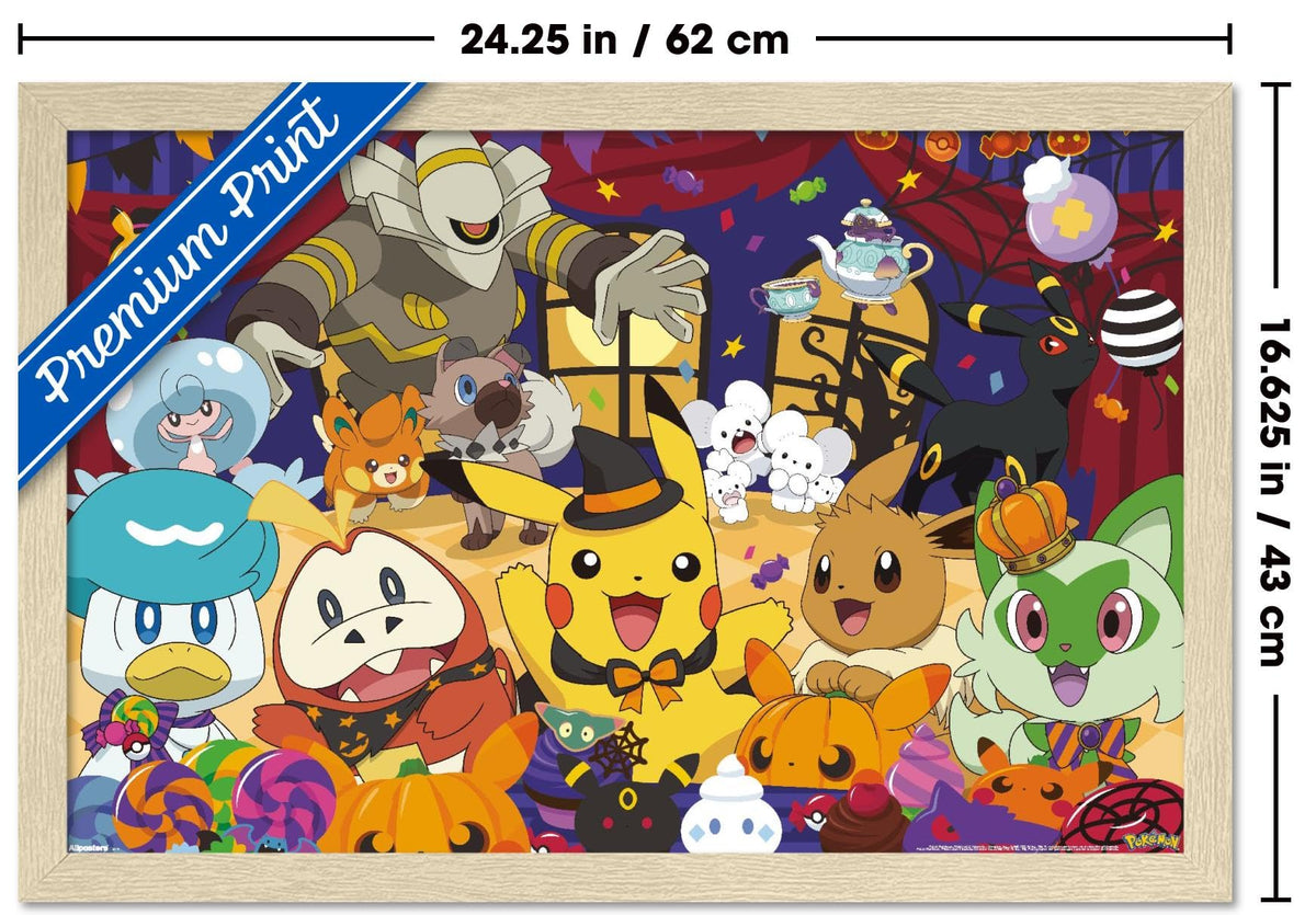 Pokémon: Halloween Party- Group Wall Poster, 22.4L" x 14.7W", Blonde Framed Version
