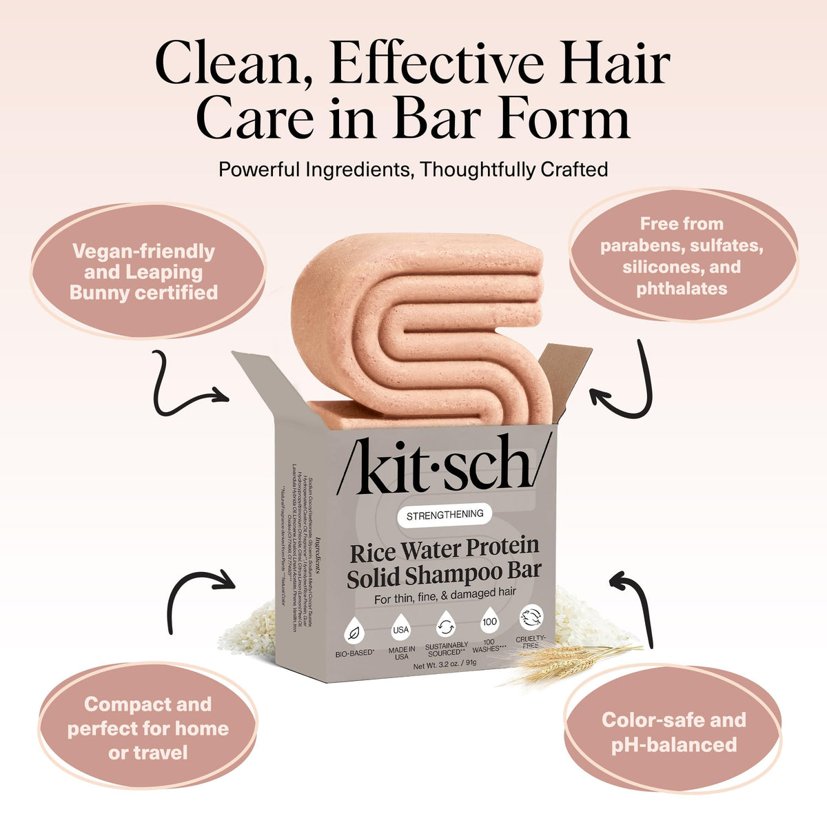 Kitsch Rice Water Shampoo Bar for Hair Growth – Strengthening Hair Shampoo for Men and Women – Reduce Breakage, Boosts Shine – Paraben, Silicone & Sulfate-Free, Vegan Hair Care - 91g 🍁 All In One Marketplace Canada