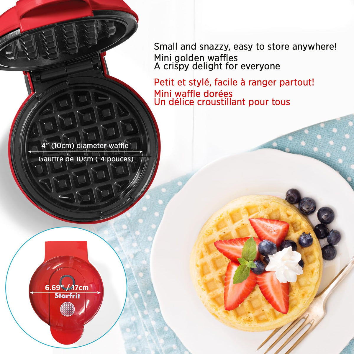 Starfrit Electric Mini Waffle Maker - 4" Non-Stick Cooking Surface - Easy to Use & Clean - Red - 350W 🍁 All In One Marketplace Canada