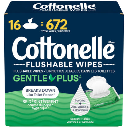 Flushable Wet Wipes, Cottonelle GentlePlus, Biodegradable & Septic Safe, 16 Flip-Top Packs of 42 (672 Wipes) 🍁 All In One Marketplace Canada