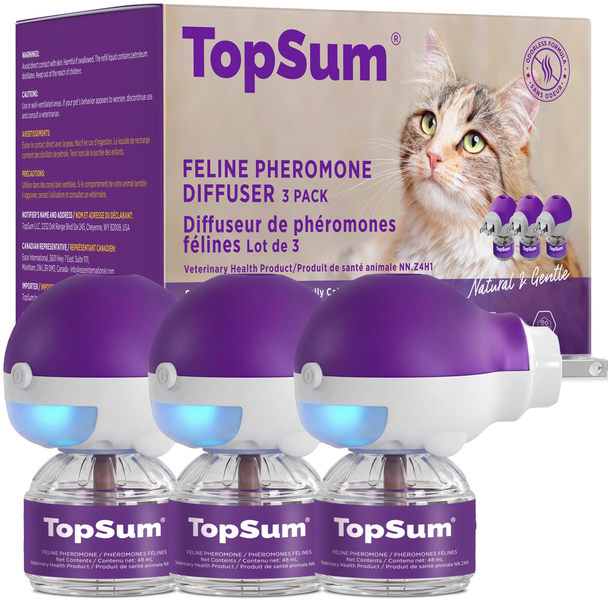 TopSum Cat Pheromone Diffuser: Cat Calming Diffuser for Spraying, Scratching, Excessive Meowing & Multi-Cat Homes, Ideal for Cats Alone at Home - VHP Registered NN.Z4H1 (3 Diffusers+3 Refills) 🍁 All In One Marketplace Canada
