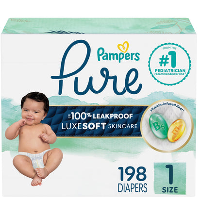 Pampers Pure Baby Diapers, Size 1 (8-14 lbs), 198, Up to 100% Leakproof, Premium Hypoallergenic Soft Diapers 🍁 All In One Marketplace Canada