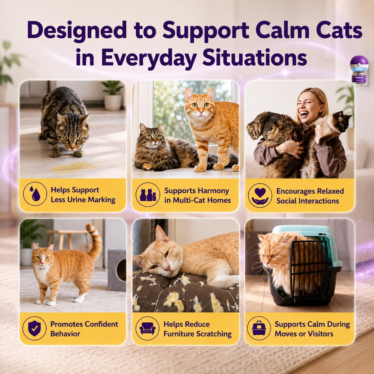 TopSum Cat Pheromone Diffuser: Cat Calming Diffuser for Spraying, Scratching, Excessive Meowing & Multi-Cat Homes, Ideal for Cats Alone at Home - VHP Registered NN.Z4H1 (6 Refills) 🍁 All In One Marketplace Canada