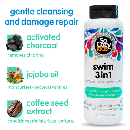 SoCozy Kids Swim 3-in-1 Shampoo, Conditioner & Body Wash - 3-in-1 Combo Pool Shampoo & Conditioner for Swimmers - Salt & Chlorine Removing Activated Charcoal for Toddler & Kids Hair After Swimming 🍁 All In One Marketplace Canada