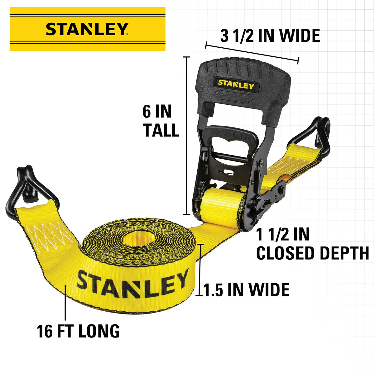 Stanley S1007 Black/Yellow 1.5" x 16' Ratchet Tie Down Straps - Heavy Cargo Securing (3,300 lbs Break Strength), 2 Pack 🍁 All In One Marketplace Canada