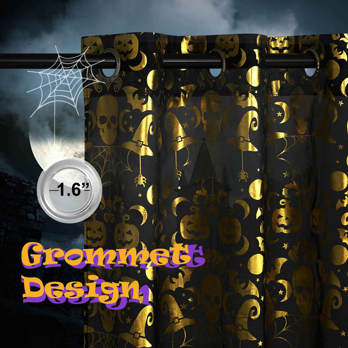 NICETOWN Halloween Curtains 84 Inches Long Scary Skull Sheer Curtains with Spooky Skeleton Pumpkin Party Decorations Window Treatment for Indoor & Ourdoor, Grommet Design, W52 x L84, Black, 2 Panels