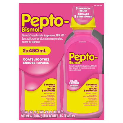 Pepto Bismol Liquid, Upset Stomach Relief, Diarrhea Relief, Heartburn, Nausea, Indigestion, Upset Stomach, Original Flavor, Pack of 2, 480mL each 🍁 All In One Marketplace Canada