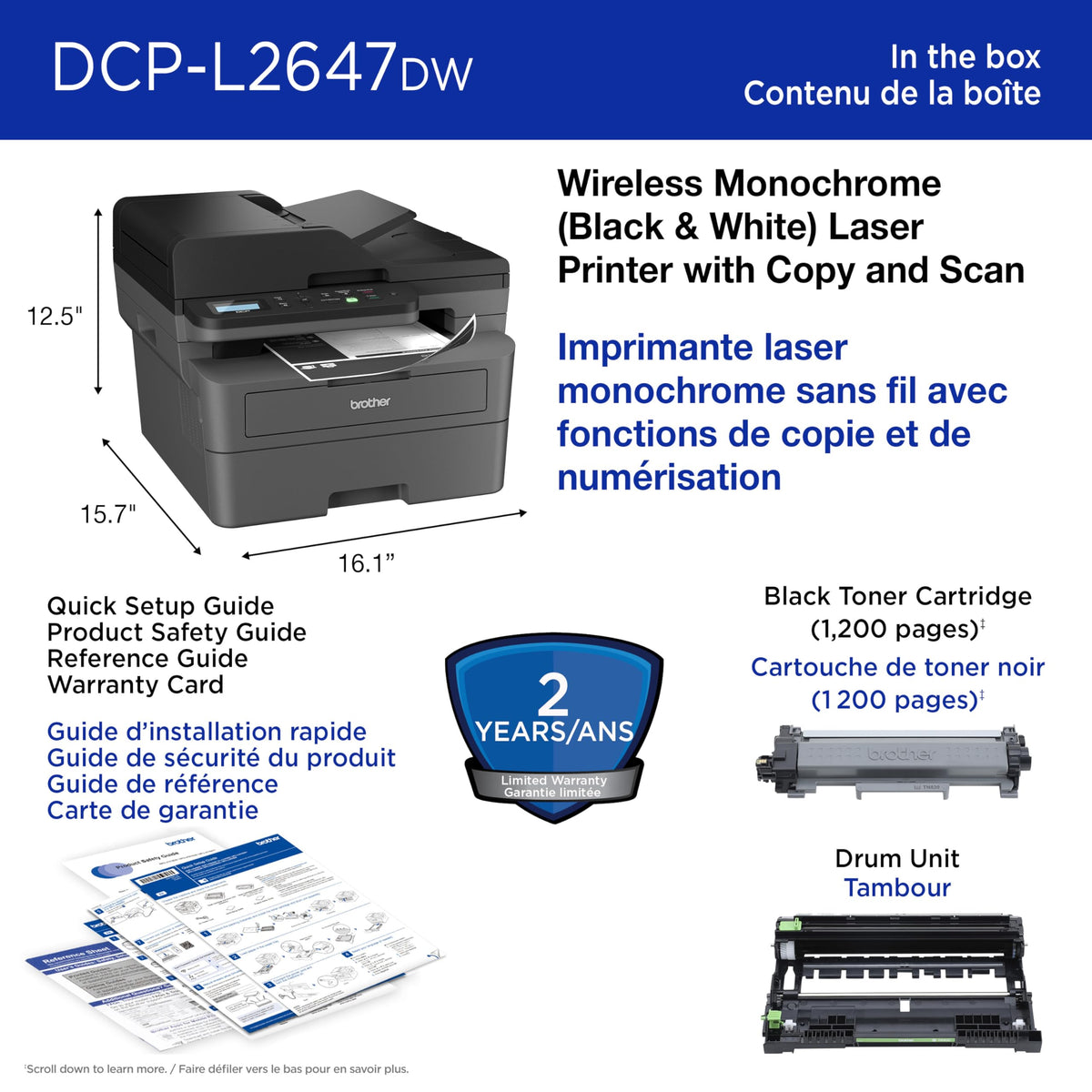 Brother DCP-L2647DW Compact Wireless Monochrome Laser Printer with Scanner, 250-Sheet PaperTray 🍁 All In One Marketplace Canada
