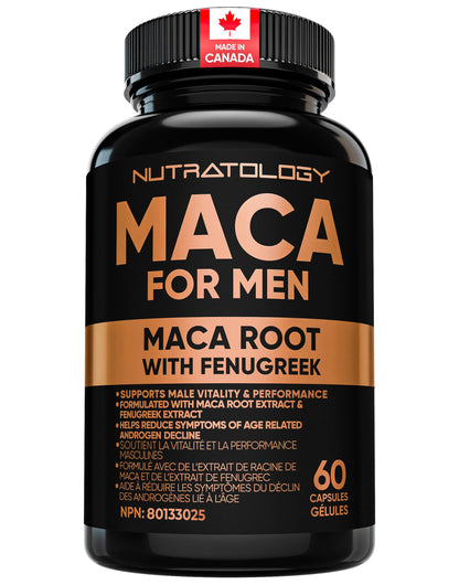 Nutratology® Maca for Men | Canadian Made | Helps Increase Stamina & Energy | Formulated with a 6:1 Extract & 33:1 Fenugreek Extract | Maca Root With Fenugreek Supplement for Men | 60 Capsules 🍁 All In One Marketplace Canada