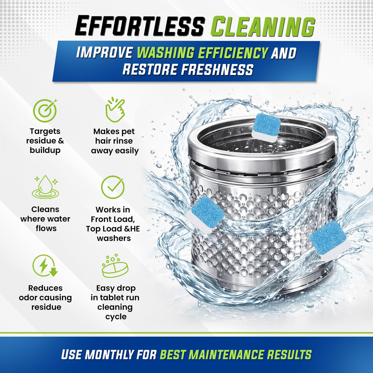True Fresh Washing Machine Cleaner Tablets 25-Pack - Deep Cleaning Washer cleaner Tablets for Top loader, front Load & HE - Cleans Drum, Tub seal & other Parts Descaler & septic safe 🍁 All In One Marketplace Canada