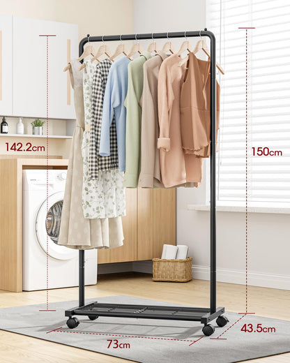Sakugi Clothing Rack - Movable Multi-Functional Coat Rack with 4 Universal Wheels, Long-Lasting Metal Clothes Rack with Extra Storage Shelf for Bedroom, Office, Laundry(Black, 73W x 43.5D x 150H cm) 🍁 All In One Marketplace Canada