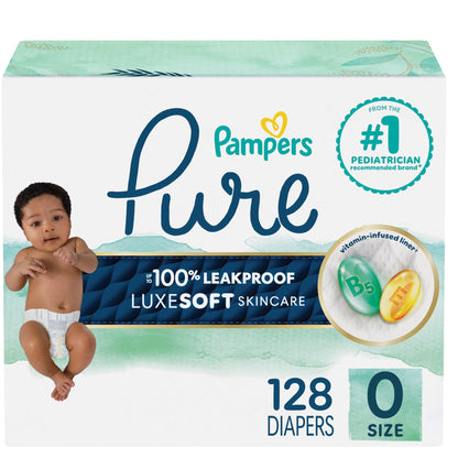 Pampers Pure Baby Diapers, Size 0, Up to 100% Leakproof, Premium Hypoallergenic Soft Diapers, 1 Pack (Count of 128) 🍁 All In One Marketplace Canada