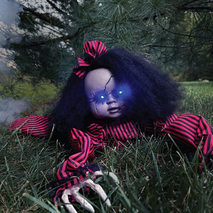 Haunted Hill Farm Scary Haunted Crawling Baby Doll, Halloween Animatronic with Touch Activated Lights and Sound, Battery Operated Indoor or Covered Outdoor Halloween Decorations, Creepy Fright Props