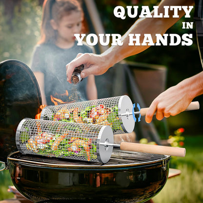 ivtivfu Rolling Grill Basket, Removable Wooden Handle, 304 Stainless Steel, Nesting Grilling Tools, Smoker BBQ Accessories for Vegetable, Outdoor Cooking Camping, Birthday Gifts for Men Dad Husband 🍁 All In One Marketplace Canada