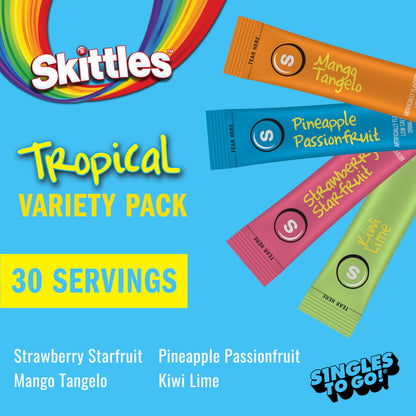 Skittles Singles To Go Tropical Flavors Variety Pack, Powdered Drink Mix, Includes 4 Flavors, Strawberry Starfruit, Mango Tangelo, Kiwi Lime, Pineapple Passionfruit, 1 Box (30 Single Servings) 🍁 All In One Marketplace Canada