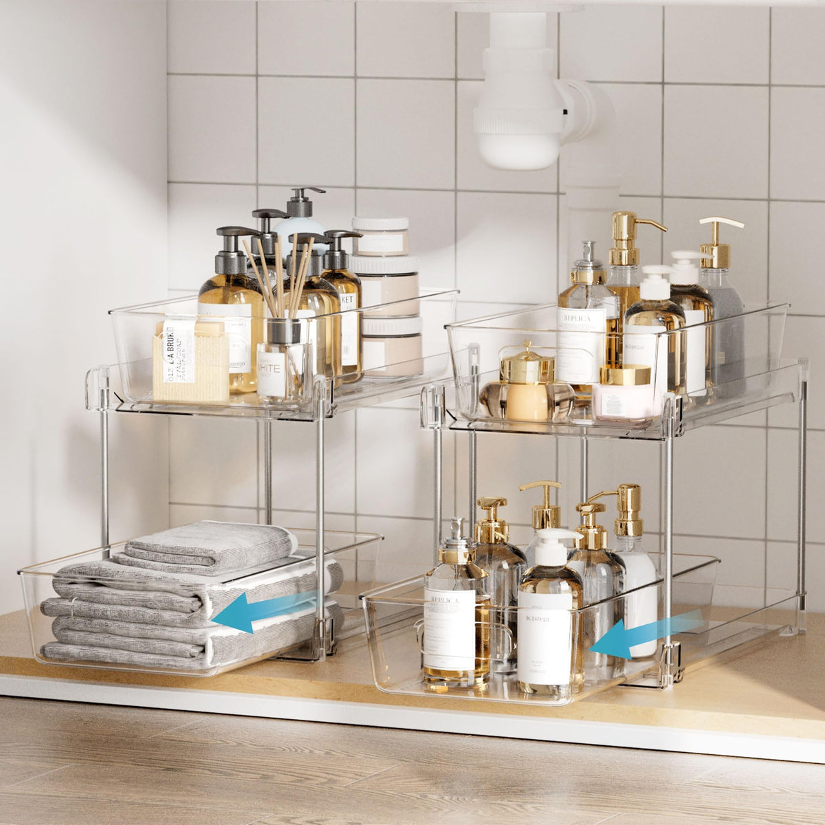 2 Tier Bathroom Storage Organizer, Vtopmart 4 Pack Clear Under Sink Organizers Vanity Counter Storage Container, Medicine Cabinet Drawers Bins, Pull-Out Organization with Track for Pantry, Kitchen 🍁 All In One Marketplace Canada