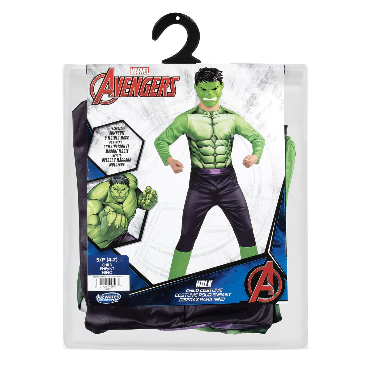 Marvel Hulk Official Youth Halloween Costume - Premium Quality Fabric Jumpsuit with Printed Design and Plastic Mask (Large) Green
