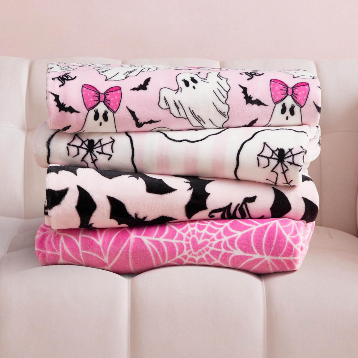 Juicy Couture Girly Ghosts Halloween Plush Throw Blanket, Soft Polyester Decorative Throw for Sofa or Bed, Light Pink, 50"x60"