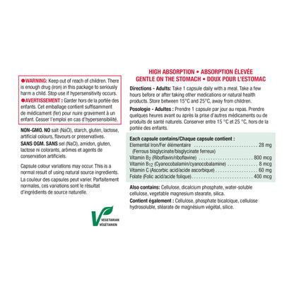 Jamieson Iron 28 mg, with Folic Acid, Vitamin B2, Vitamin B12, and Vitamin C, Helps Prevents Iron Deficiency, Provides Superior Absorption, and Gentle on the Stomach. Non-GMO, Gluten-Free, 150 Vegetarian Capsules 🍁 All In One Marketplace Canada