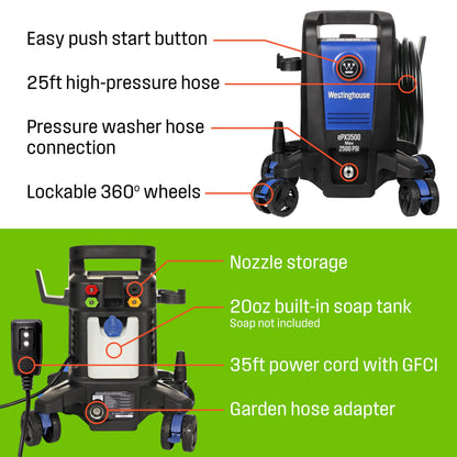 Westinghouse ePX3500 Electric Pressure Washer, 2500 Max PSI 1.76 Max GPM with Anti-Tipping Technology, Onboard Soap Tank, Pro-Style Steel Wand, 5-Nozzle Set, for Cars/Fences/Driveways/Home/Patios 🍁 All In One Marketplace Canada