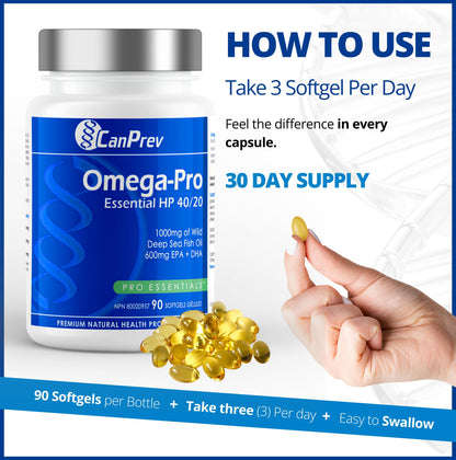 CanPrev Omega-Pro Essential HP 40/20, 90 Softgels 30-Day Supply - 1000mg Wild Deep-Sea Fish Oil, Omega-3 EPA & DHA Formula, Molecular Distilled with Vitamin E, Supports Heart, Brain, Joint, Eye & Skin 🍁 All In One Marketplace Canada