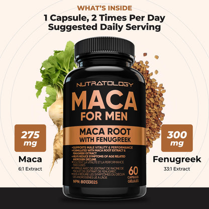 Nutratology® Maca for Men | Canadian Made | Helps Increase Stamina & Energy | Formulated with a 6:1 Extract & 33:1 Fenugreek Extract | Maca Root With Fenugreek Supplement for Men | 60 Capsules 🍁 All In One Marketplace Canada